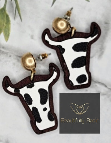 Cow print wood/faux leather earrings